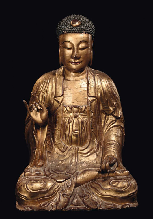 Important gilt wood Buddha, China, Yuan Dynasty, 95x58x50cm (38 x 23.2 x 20 inches.) Estimate: €30,000-€50,000, $27,364-$68,394. Courtesy Cambi, Genoa.
